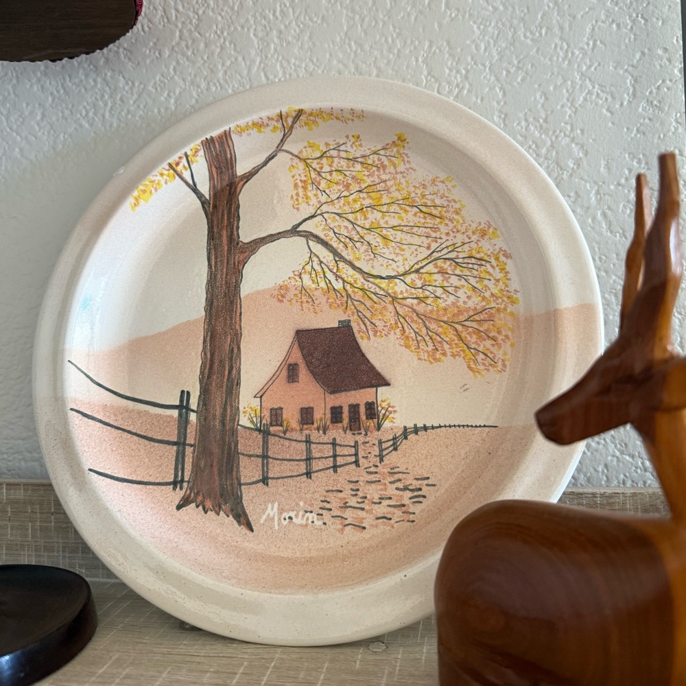 Vintage Signed Ceramic Plate with Rustic Scene in Brown and Cream